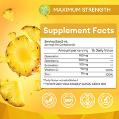 Minch Quercetin Liquid Drops label highlights 5-in-1 formula benefits.