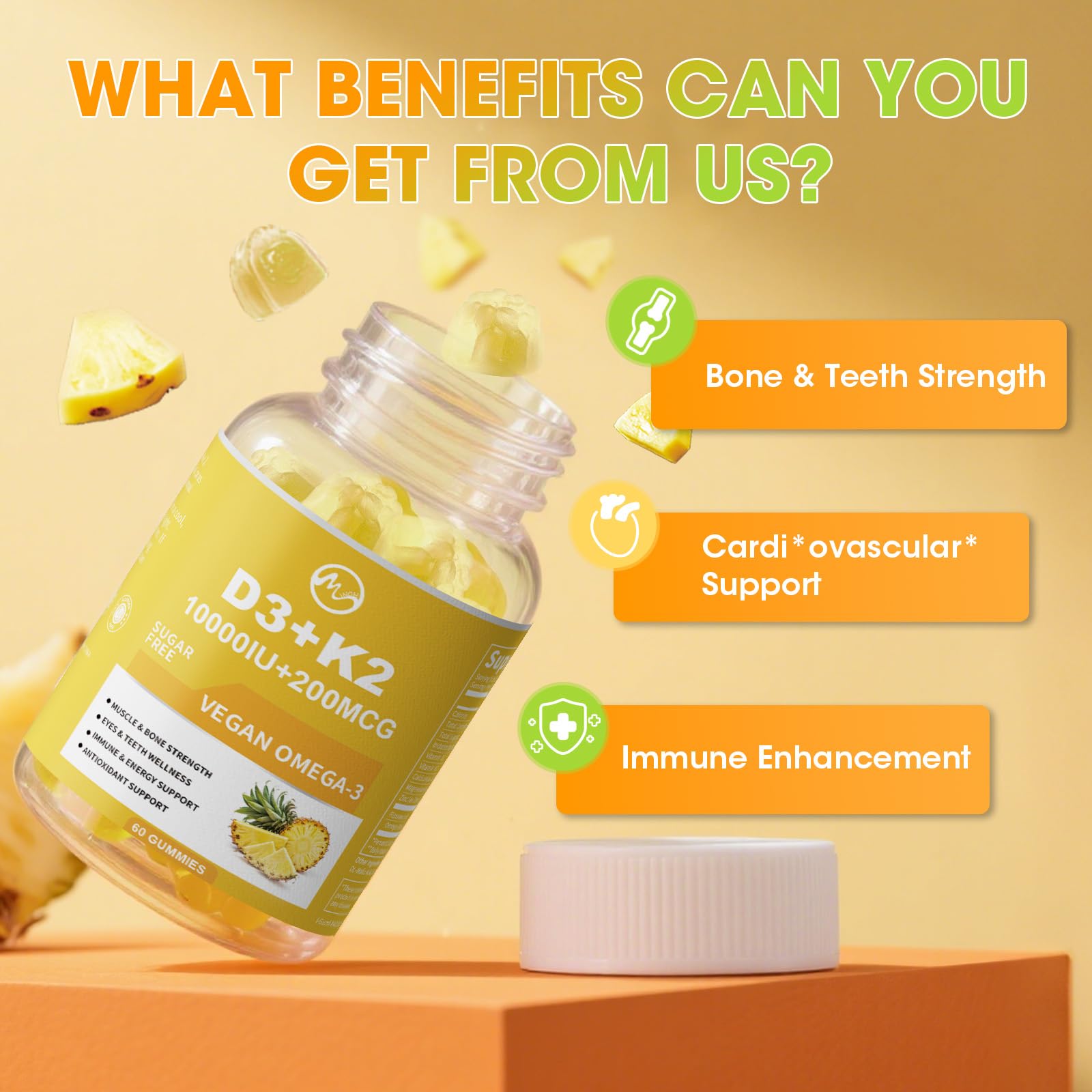 Minch gummies closeup shows pineapple flavor and sugar-free formulation for tasty supplementation.