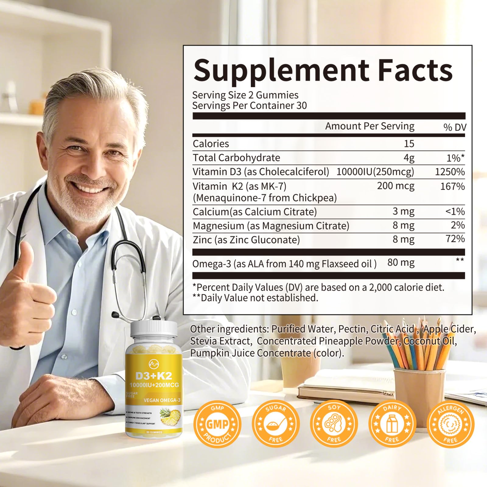 Minch Vitamin D3 K2 gummies label highlights 10000IU D3 and 200mcg K2 for precise dosing.