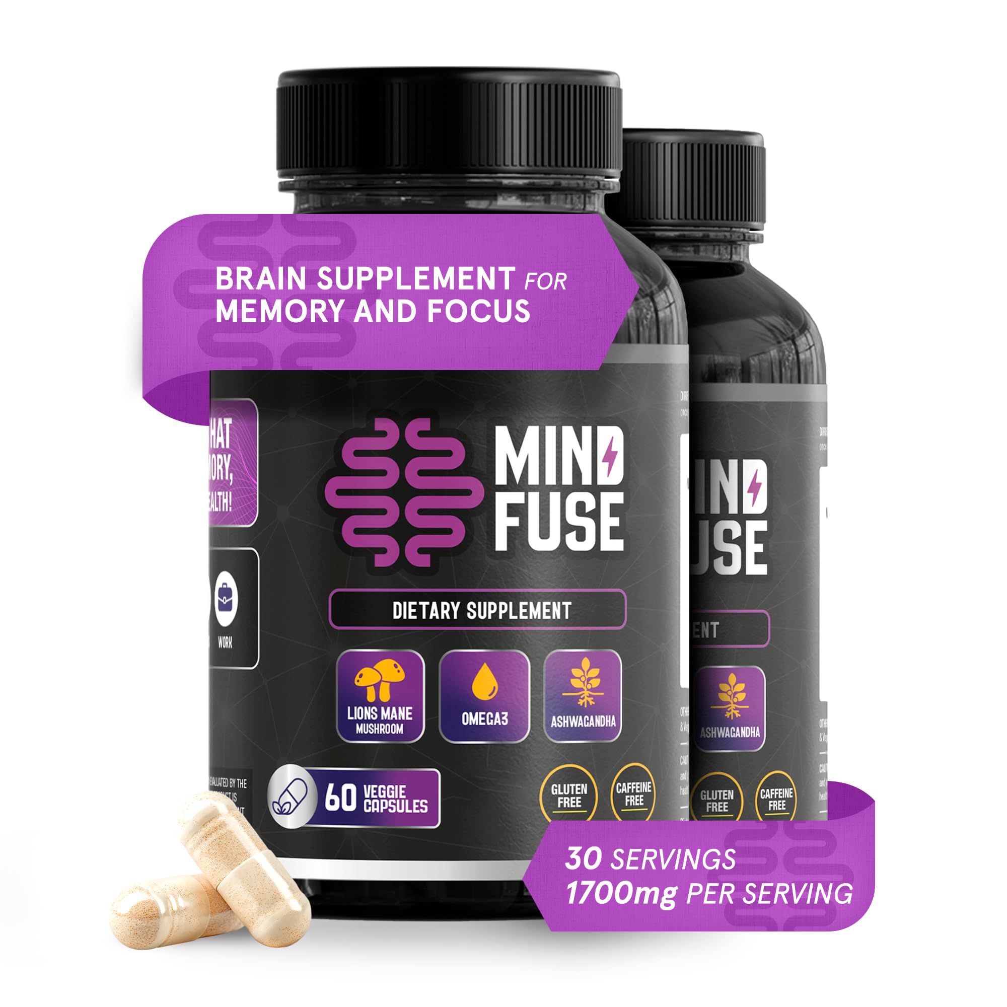 Mind Fuse memory booster bottle with capsules supports daily focus and memory recall.
