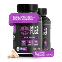 Mind Fuse memory booster bottle with capsules supports daily focus and memory recall.