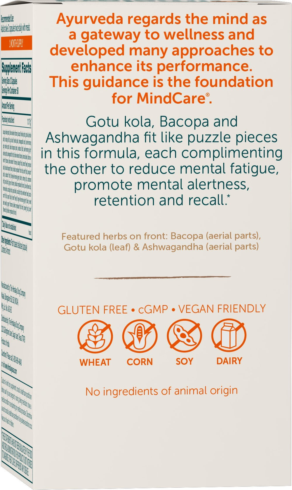 Himalaya MindCare vegan formula icon and allergen-free badge