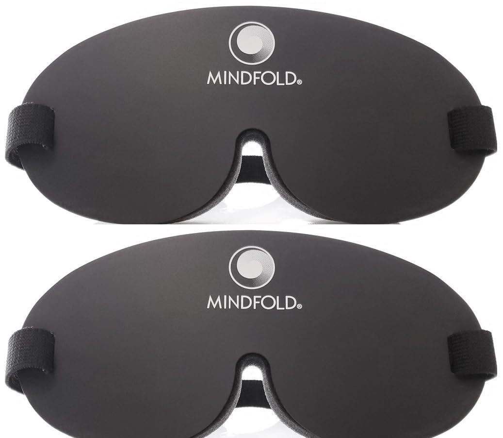 Mindfold Relaxation Mask with black face plate blocks light for deep rest.