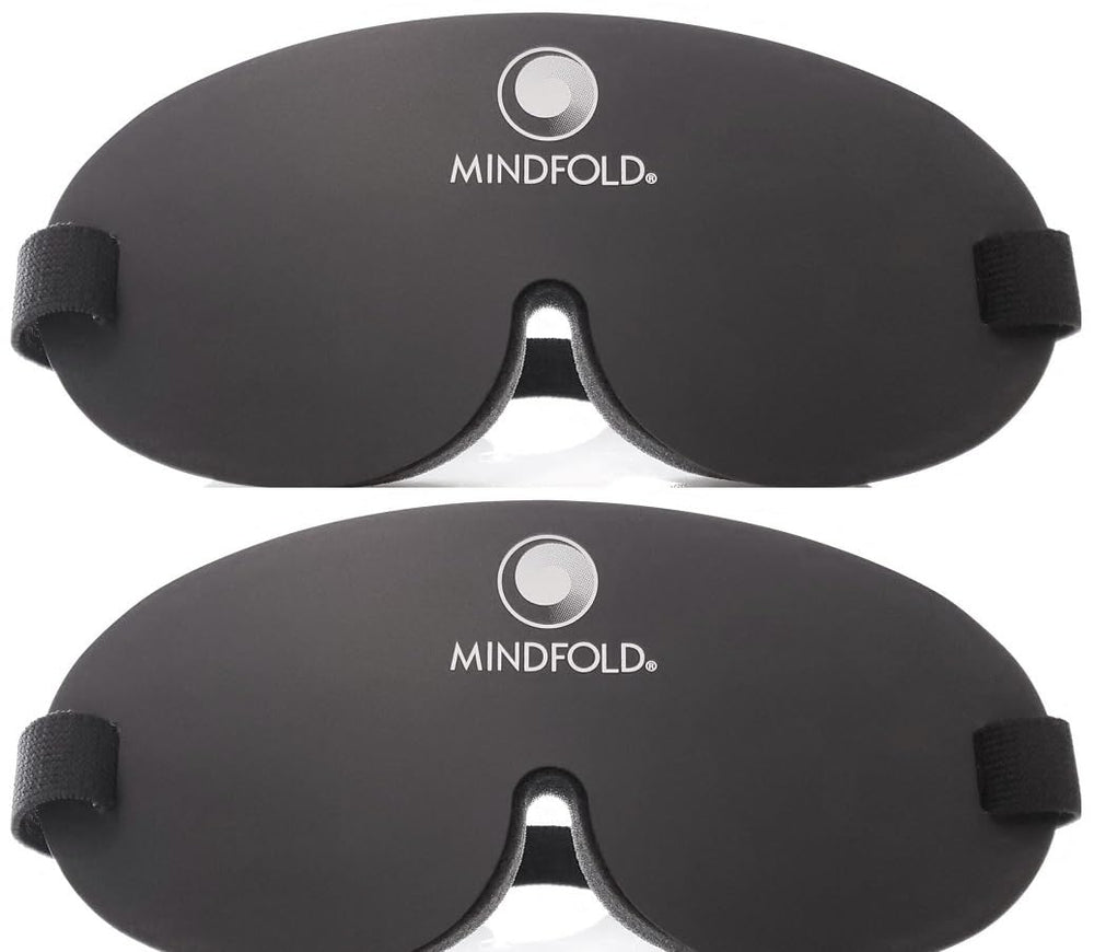 Mindfold Relaxation Mask with black face plate blocks light for deep rest.
