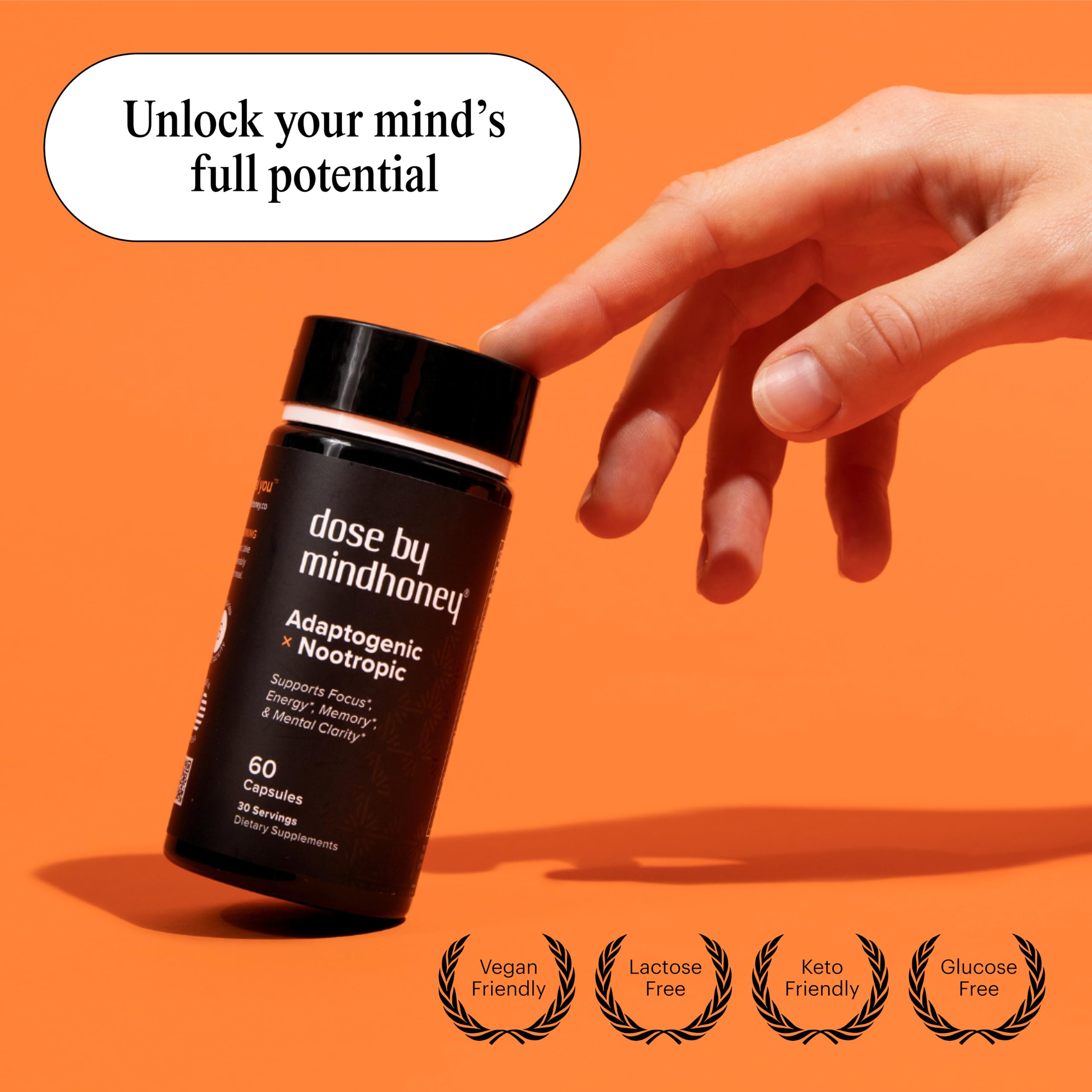 MINDHONEY DOSE bottle with glass suggesting daily routine integration.