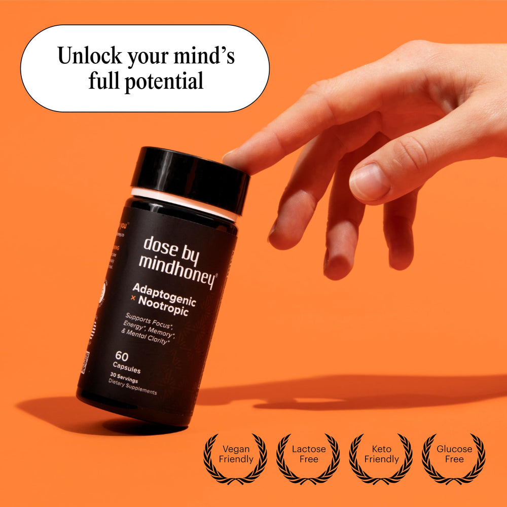 MINDHONEY DOSE bottle with glass suggesting daily routine integration.