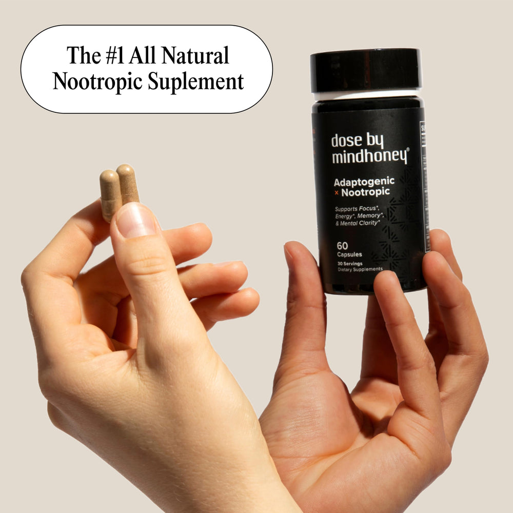 MINDHONEY DOSE capsules array showing easy-to-swallow servings.