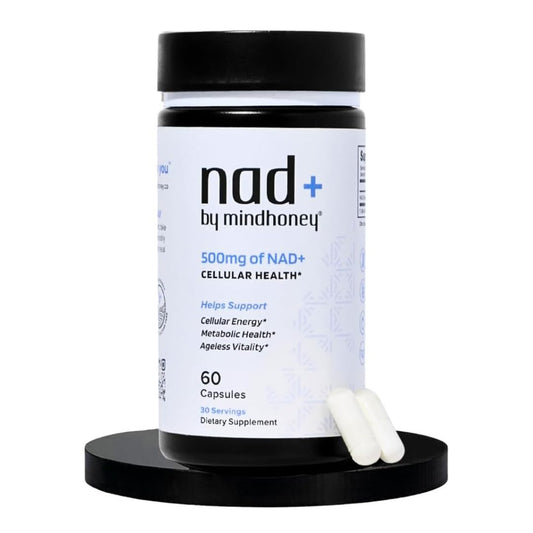 MINDHONEY NAD+ bottle label highlights brain support and daily vitality.