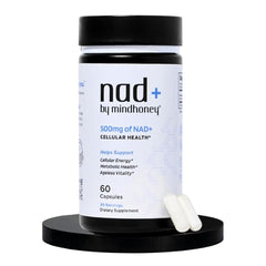 MINDHONEY NAD+ bottle label highlights brain support and daily vitality.