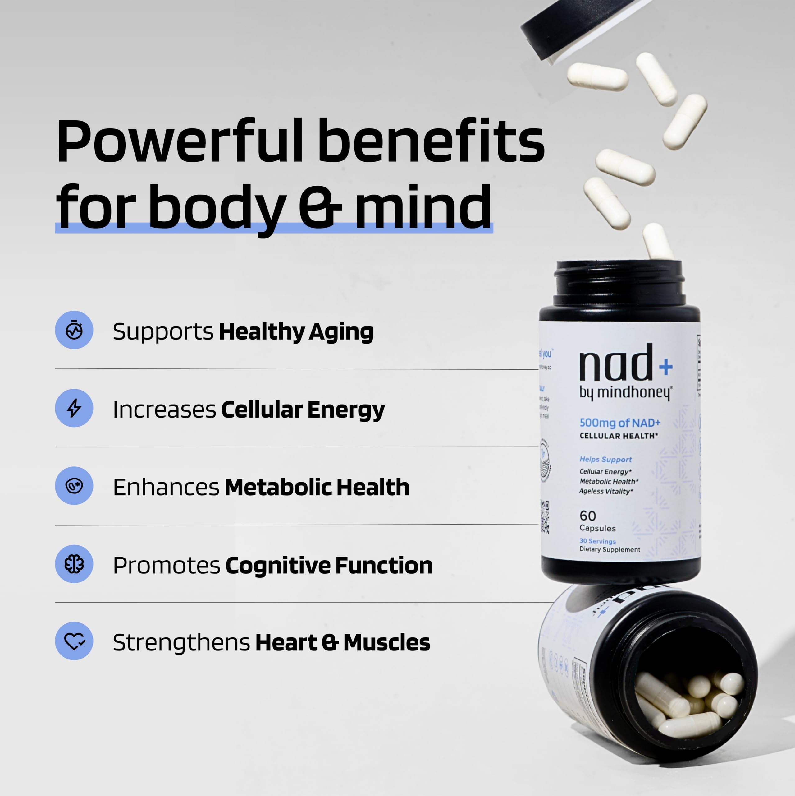 Close-up of NAD+ capsules highlighting the pure 500 mg brain energy formula.
