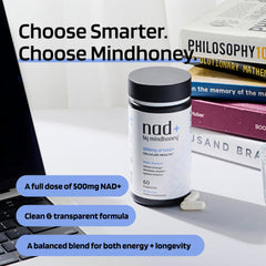 Packaging for MINDHONEY NAD+ communicates vegan, non-GMO, gluten-free credentials.