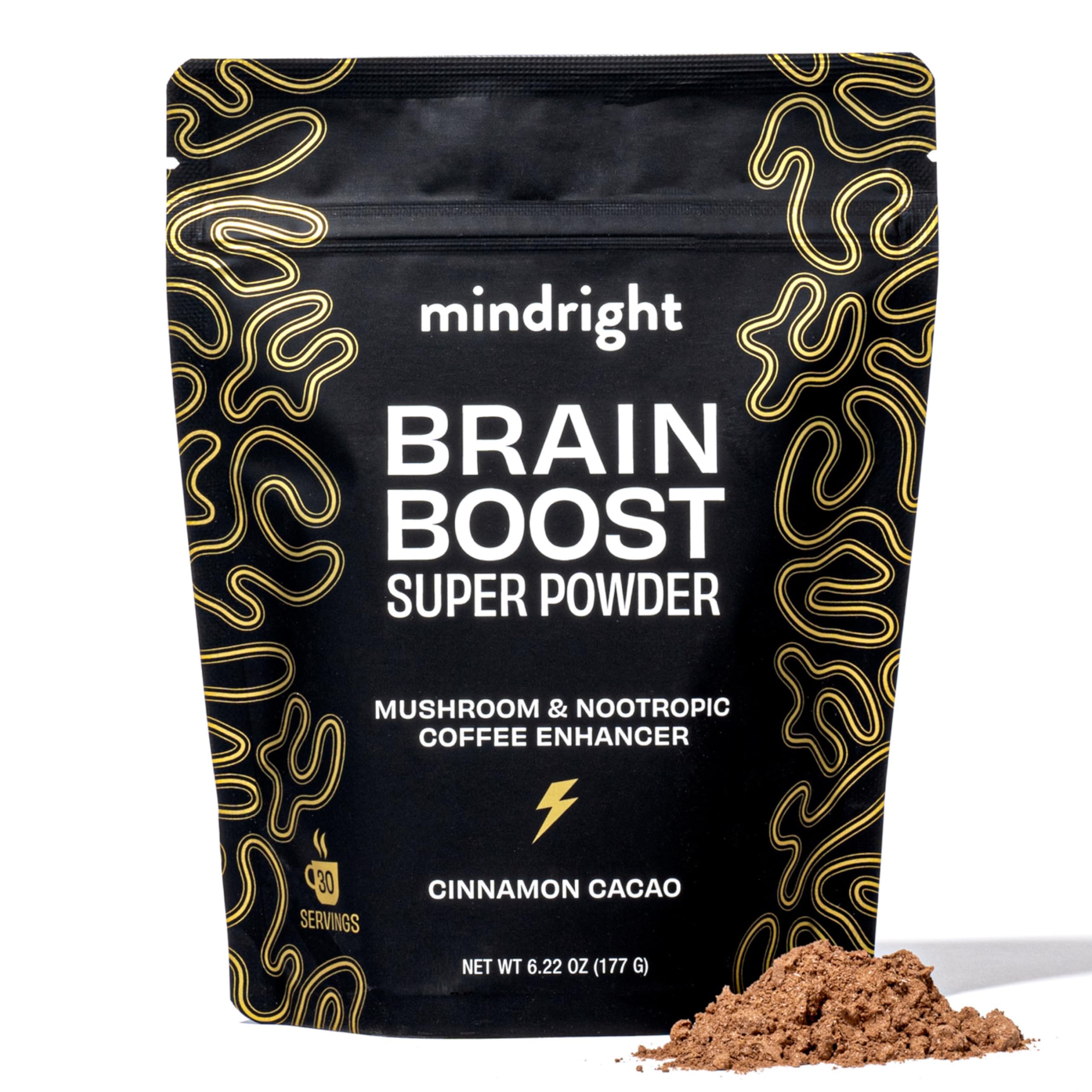 Mindright Brain Boost bottle pour, antioxidant mushroom blend for a smooth mood lift.