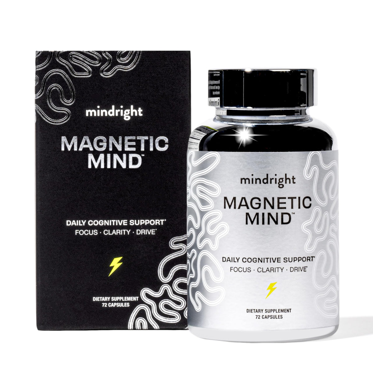 MindRight Magnetic Mind bottle closeup highlighting premium packaging for daily focus.