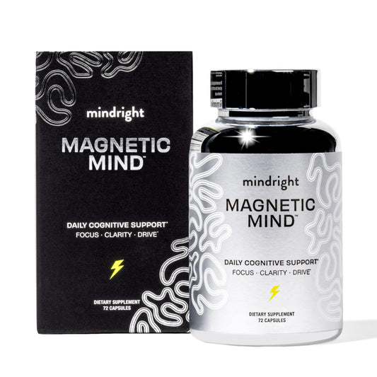 MindRight Magnetic Mind bottle closeup highlighting premium packaging for daily focus.