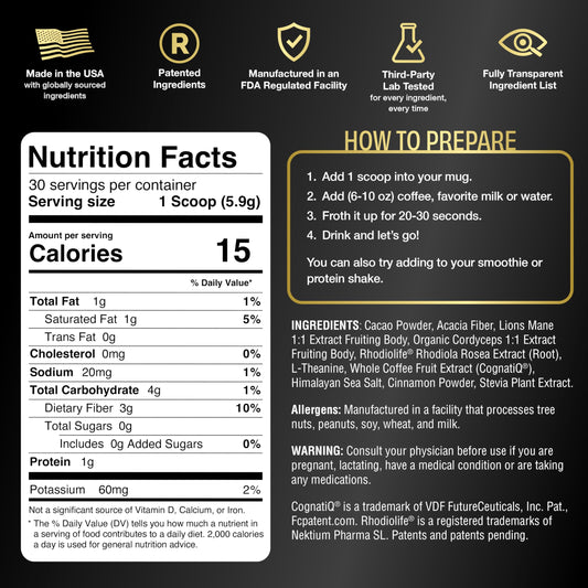 Mindright Mushroom Coffee Enhancer cup steaming, caffeine-free focus support with Lion’s Mane and cordyceps.