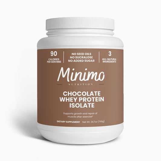 Minimo Nutrition Whey Isolate Chocolate bag showcases clean ingredients for a high-protein routine.