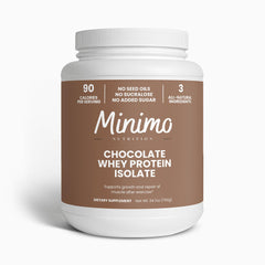 Minimo Nutrition Whey Isolate Chocolate bag showcases clean ingredients for a high-protein routine.