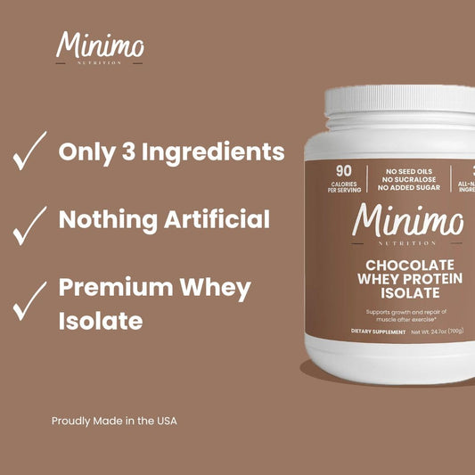 Minimo Nutrition Whey Isolate Chocolate scoop highlights precise serving for consistent protein intake.