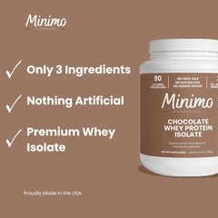 Minimo Nutrition Whey Isolate Chocolate scoop highlights precise serving for consistent protein intake.