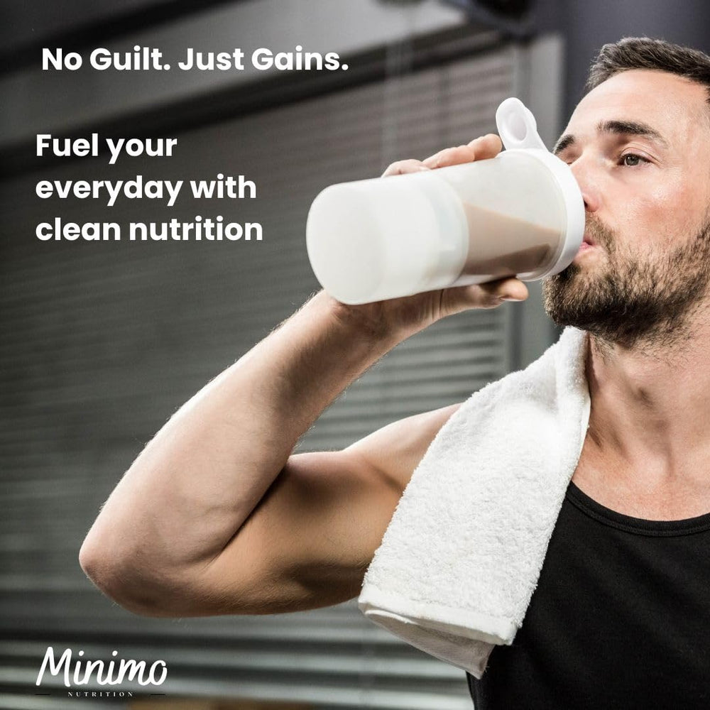 Minimo Nutrition Whey Isolate Chocolate shake glass emphasizes quick mix for post-workout recovery.