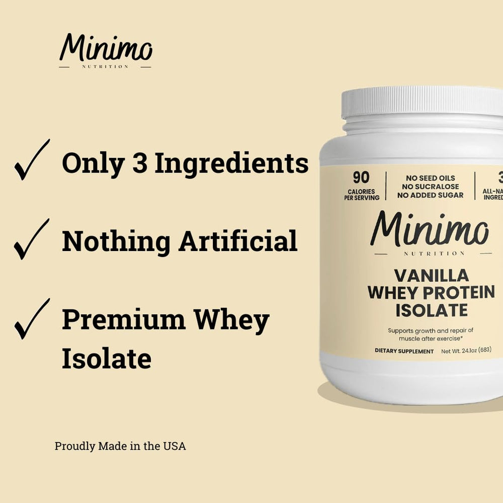 Minimo Whey Isolate vanilla nutrition label highlighting essential amino acids
