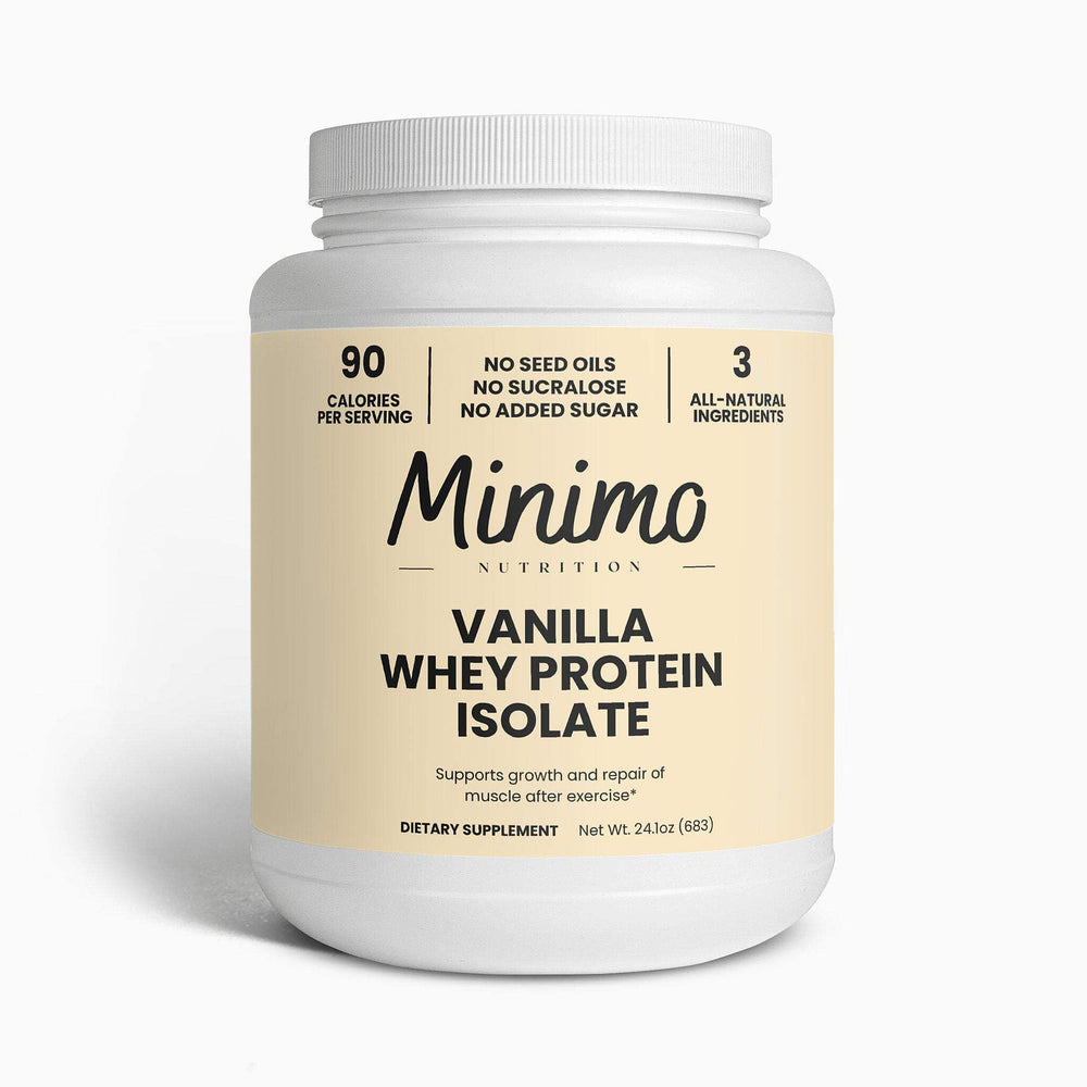 Minimo Whey Isolate vanilla powder in a jar for clean protein at home