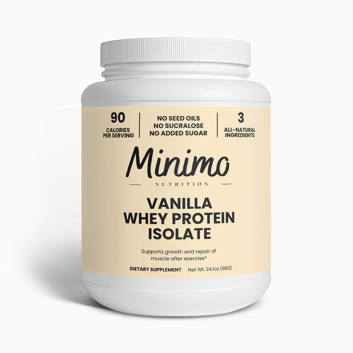 Minimo Whey Isolate vanilla powder in a jar for clean protein at home