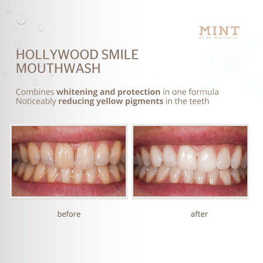 Label design on Mint by Dr. Mintcheva Hollywood Smile indicating vegan and alcohol-free formula