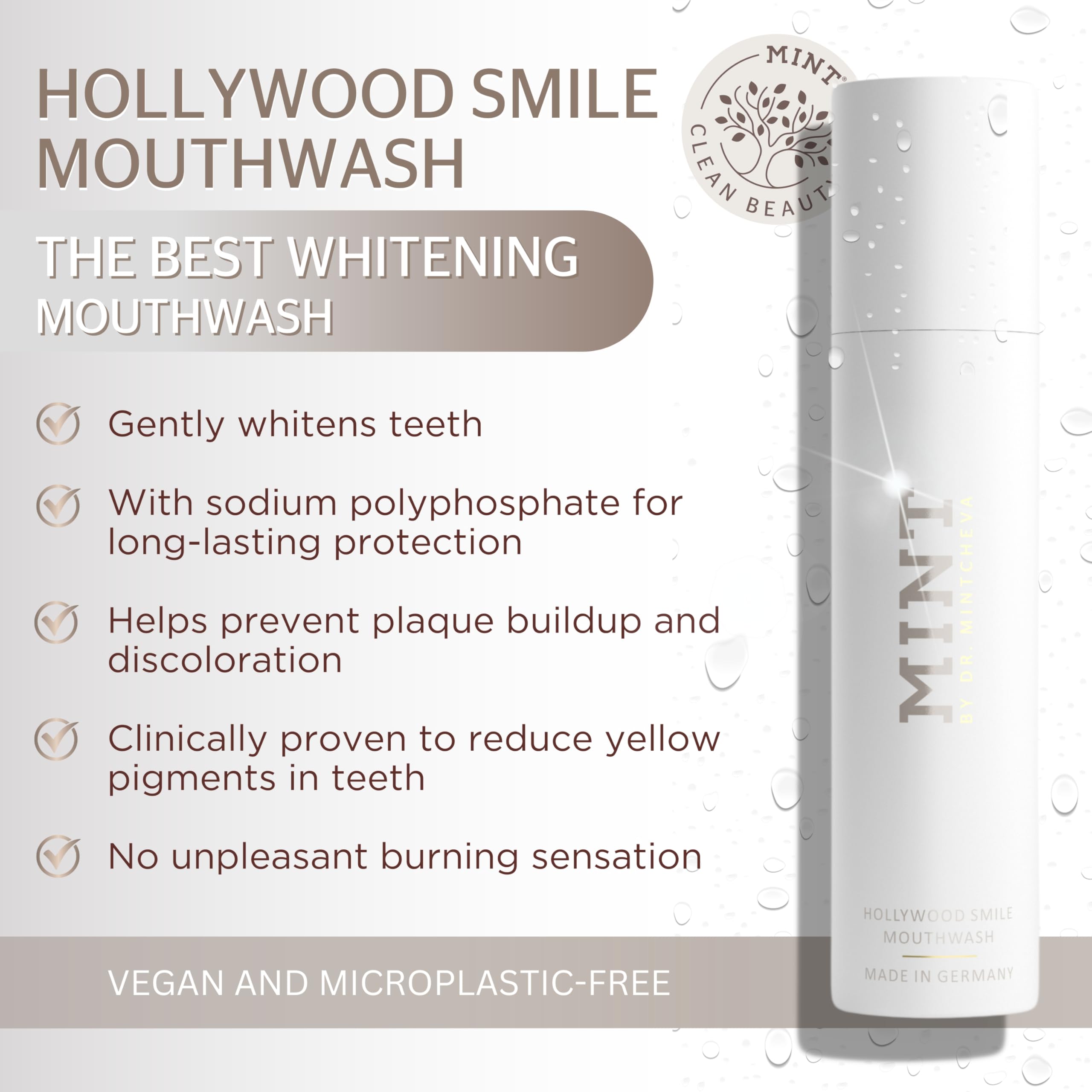 Pouring action of Mint by Dr. Mintcheva Hollywood Smile mouthwash with 0.1% hydrogen peroxide