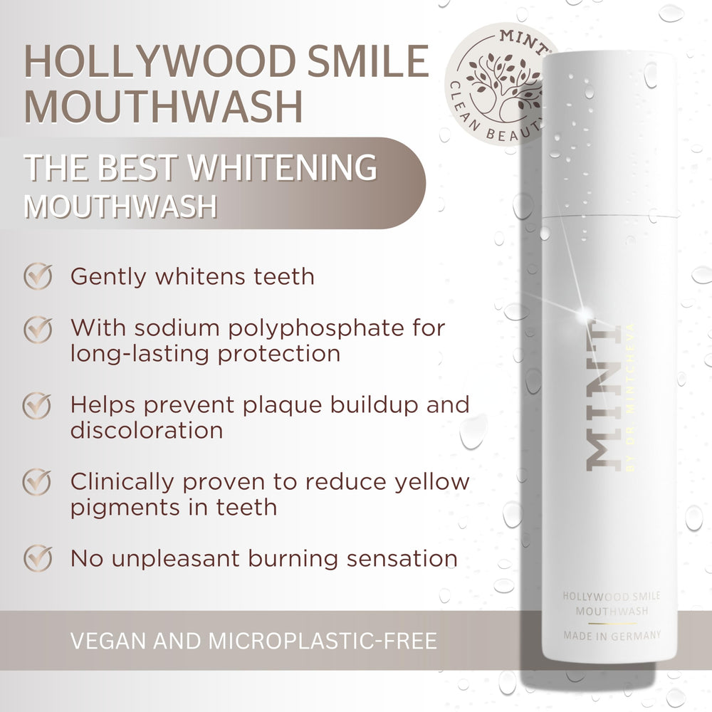 Pouring action of Mint by Dr. Mintcheva Hollywood Smile mouthwash with 0.1% hydrogen peroxide