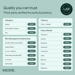 MIOME IB-ONE Probiotic shows vegan, gluten-free and dairy-free ingredients icons
