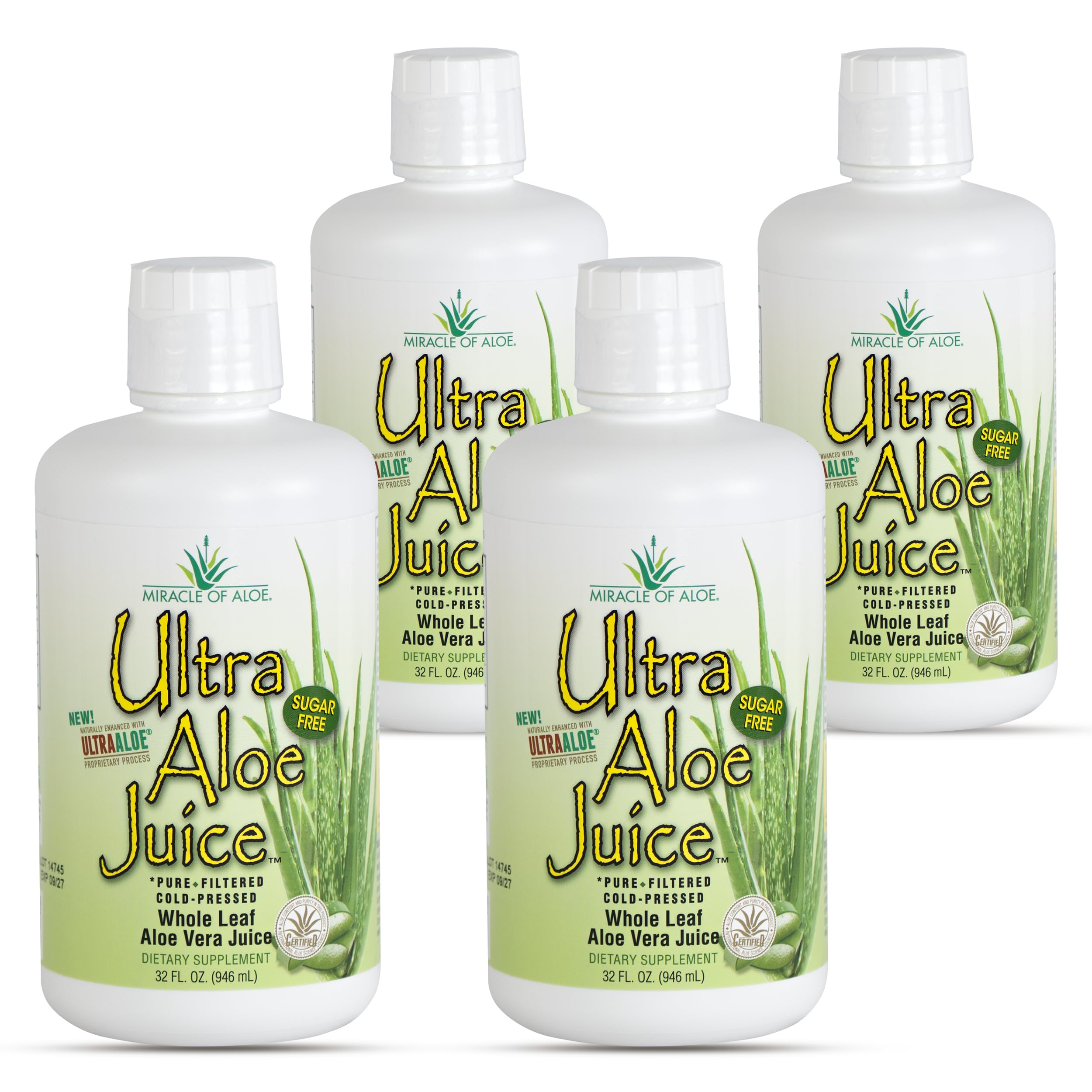 Miracle of Aloe Ultra Juice bottle front showing 100% whole-leaf purity.