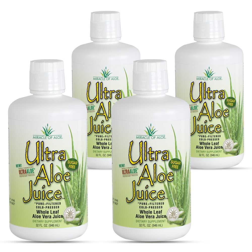 Miracle of Aloe Ultra Juice bottle front showing 100% whole-leaf purity.