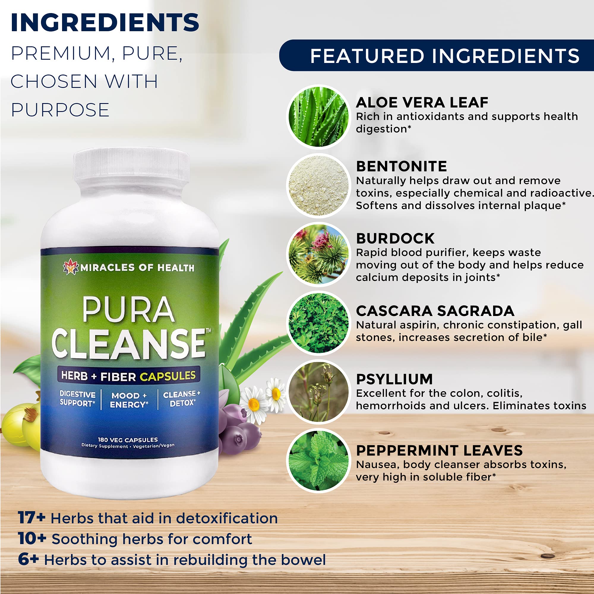 Miracles of Health Pura Cleanse capsules closeup showing natural fiber blend for digestion