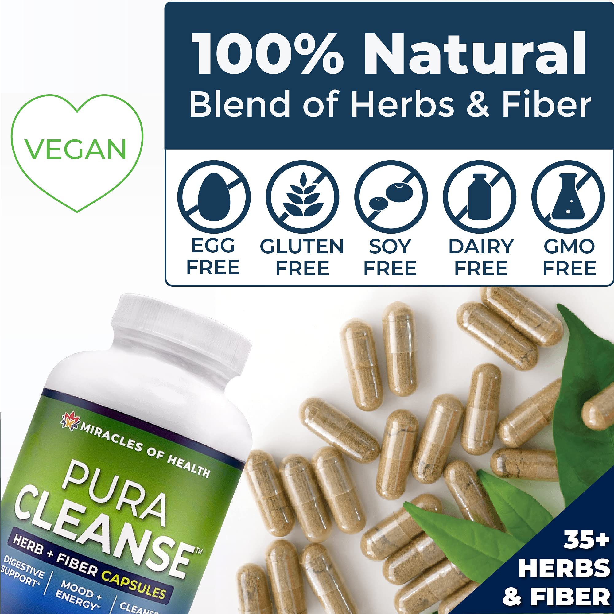 Miracles of Health Pura Cleanse label-info closeup highlighting 100% natural formula