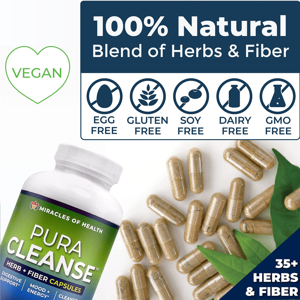Miracles of Health Pura Cleanse label-info closeup highlighting 100% natural formula
