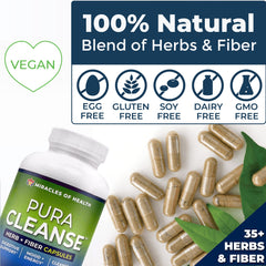 Miracles of Health Pura Cleanse label-info closeup highlighting 100% natural formula