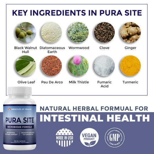 Pura Site capsules close-up, vegan-friendly formula for gut wellness.