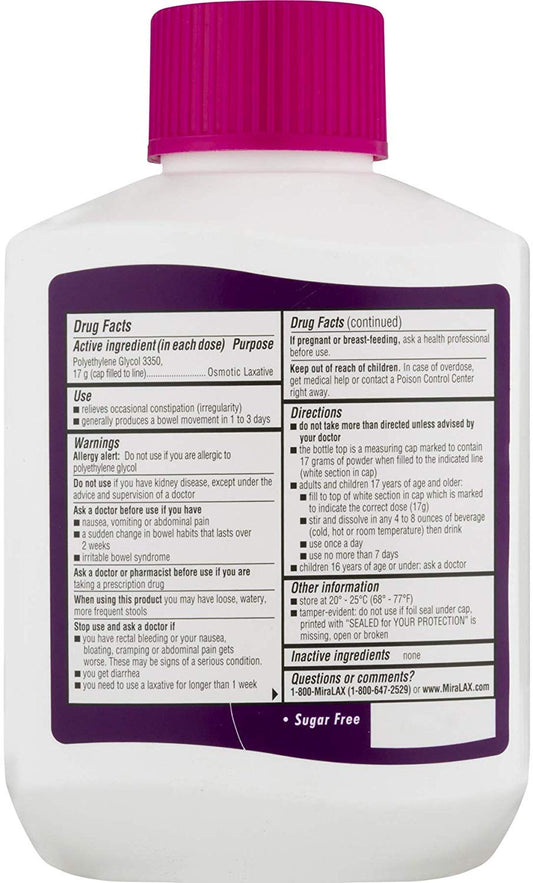 MiraLAX 20.4 oz container shows 34-dose supply for occasional constipation.