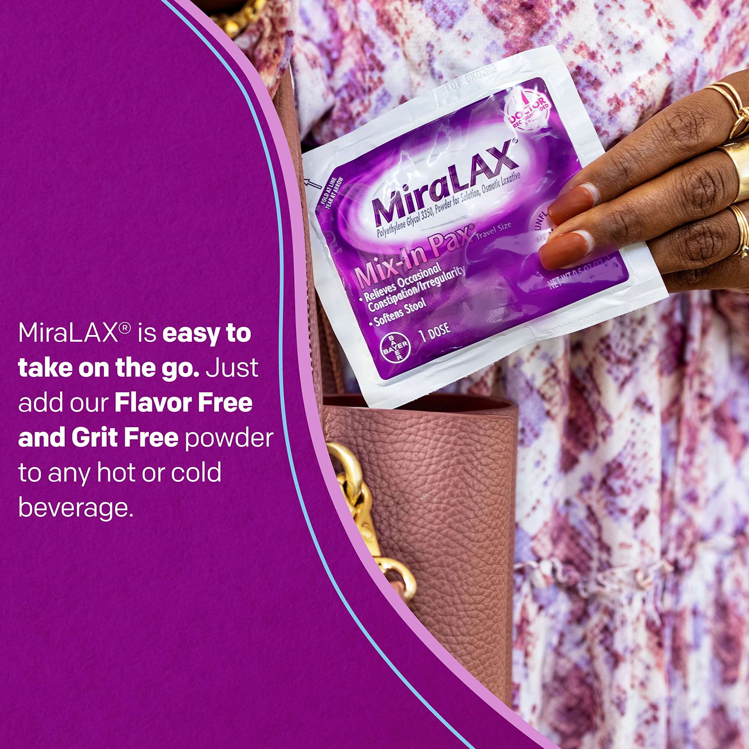 MiraLAX packets show 17 g per serving for easy measurement.