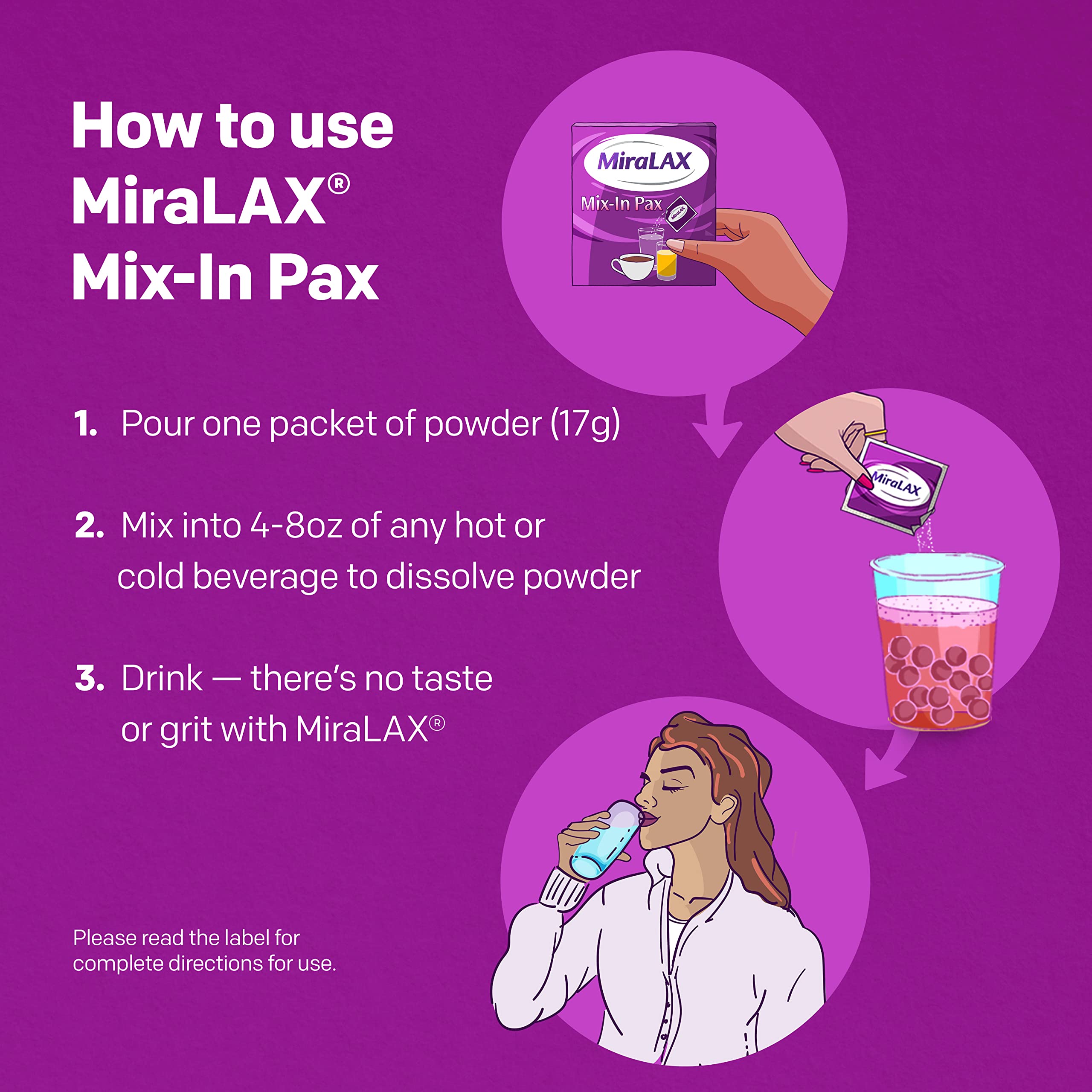 MiraLAX daily-use sachets for adults and teens 17+.
