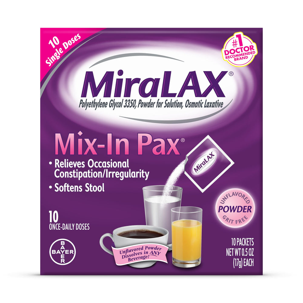 MiraLAX packets 10-count ready for daily use and easy mixing with any drink.