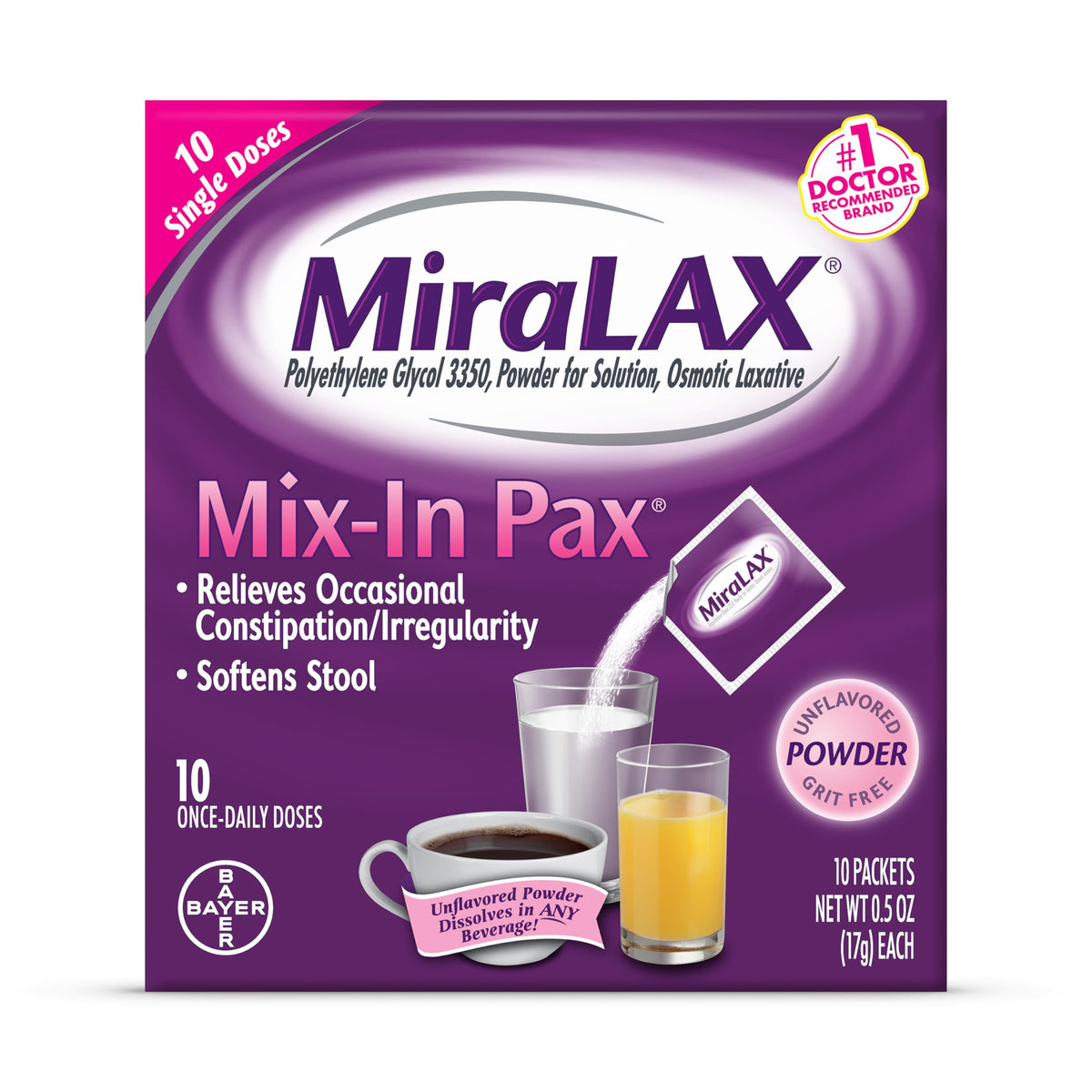 MiraLAX packets 10-count ready for daily use and easy mixing with any drink.