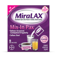 MiraLAX packets 10-count ready for daily use and easy mixing with any drink.