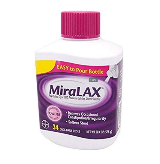 MiraLAX powder laxative bottle with unflavored, grit-free formula for gentle relief.