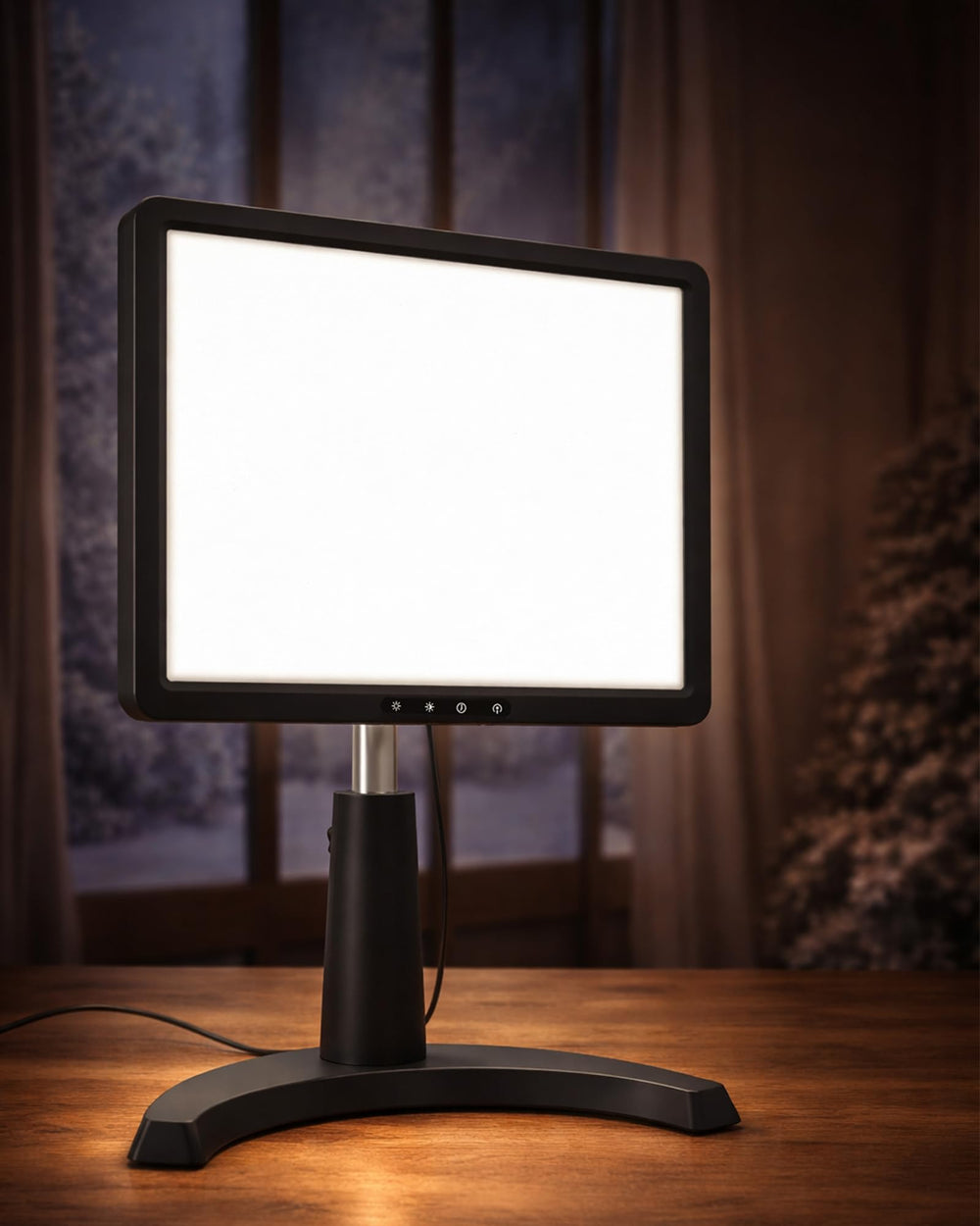 MirthSip 10000 daylight lamp base providing stable desk support for reading.