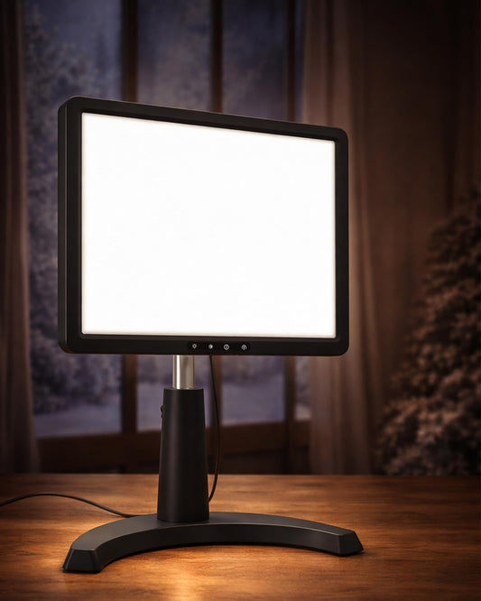 MirthSip 10000 daylight lamp base providing stable desk support for reading.
