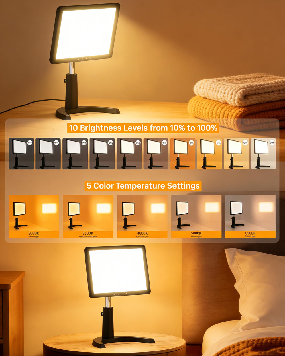 MirthSip 10000 lux full-spectrum panel delivering even illumination for tasks.