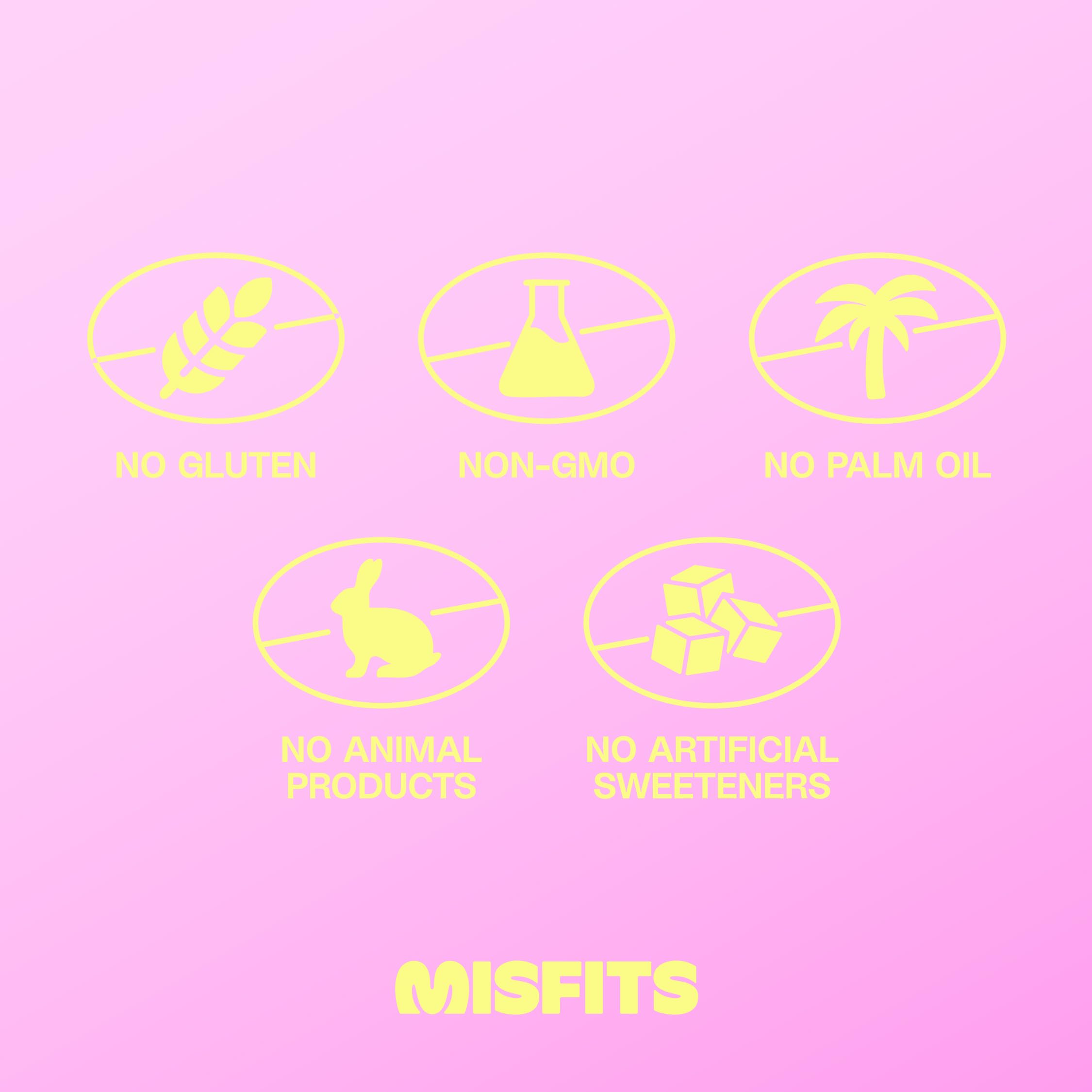 Misfits brownie bar plant-protein blend supports quick, on-the-go snacking.