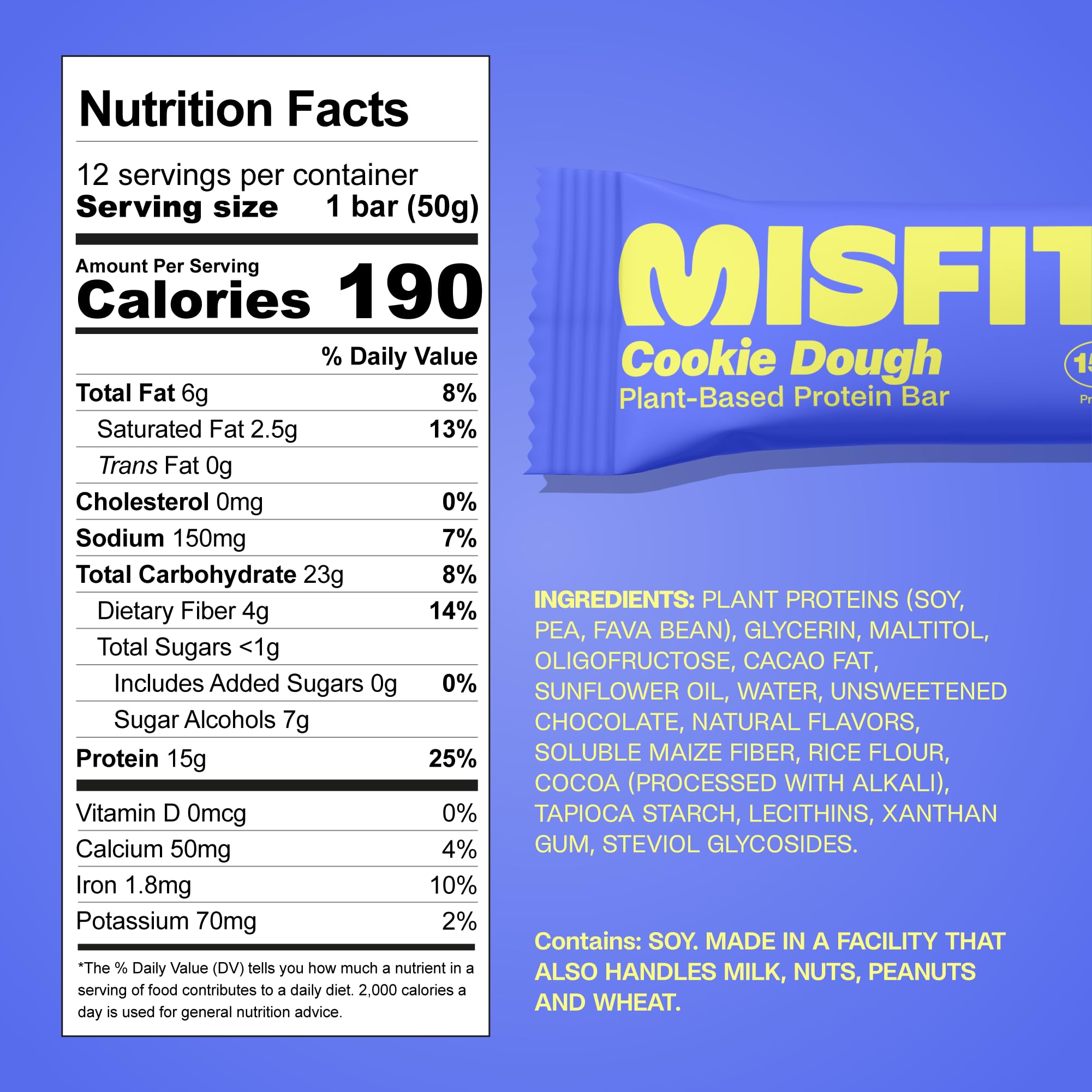 Misfits vegan protein bar cookie dough packaging shows 15g protein